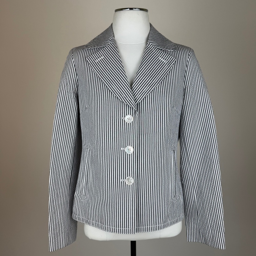 Talbots Seersucker Blazer Jacket Navy/White Stripes Womens Sz 6 Cotton Coastal